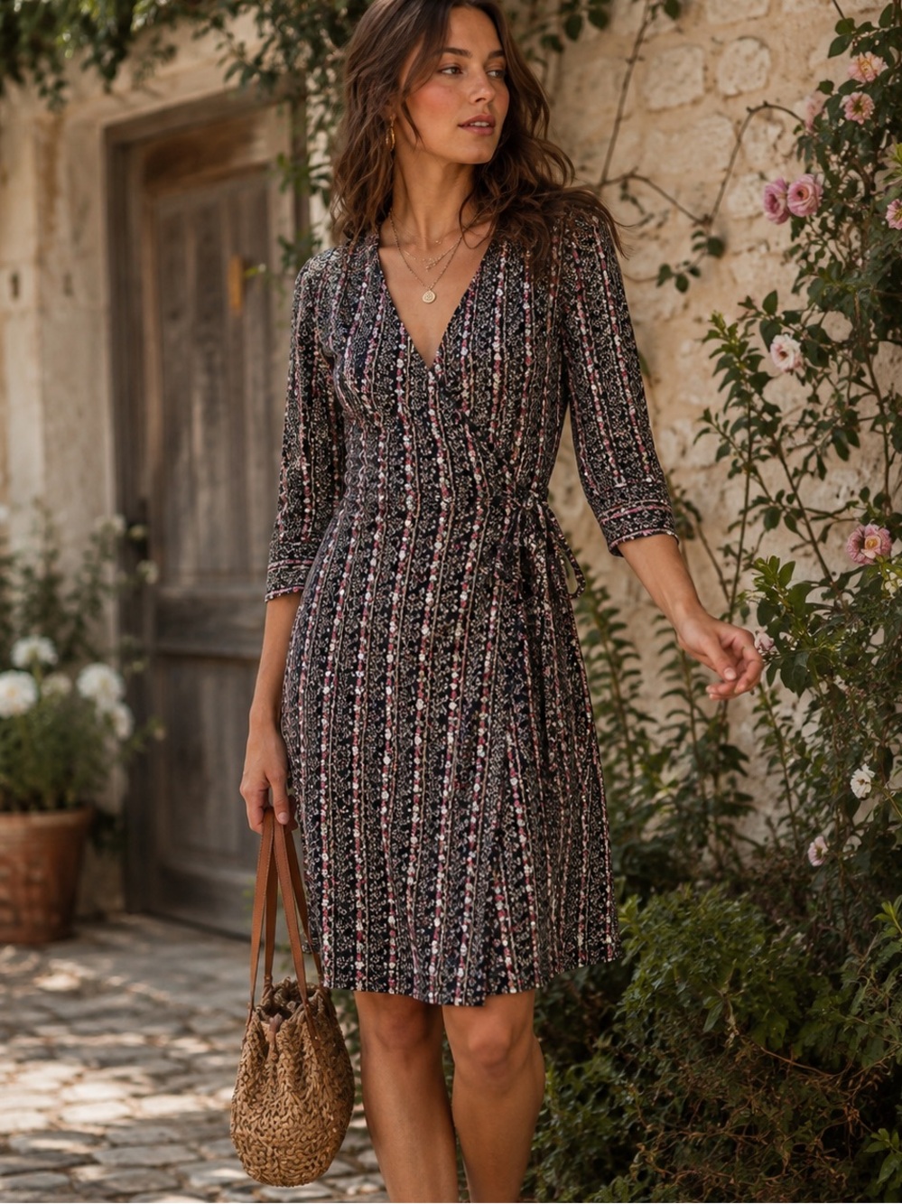 RUBY Black Pink Romantic Boho Faux Wrap Cinched Midi Dress Size M